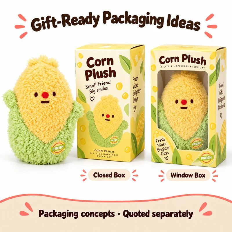 Yellow Corn With Green Husk Plush — optional packaging concept; final artwork, fit and quotation require confirmation.