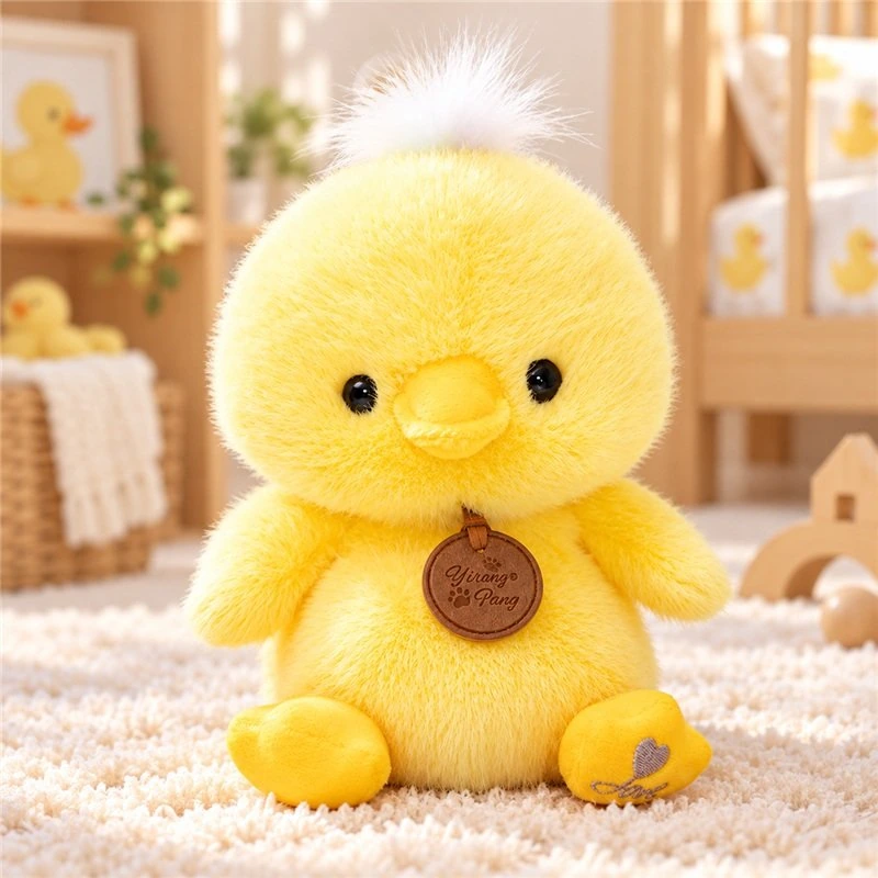 Illustrative application scene featuring round seated yellow duck plush; setting is a concept.