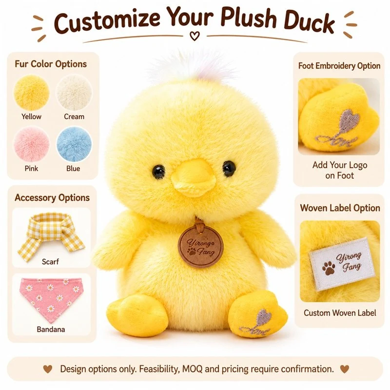 Customization concept for round seated yellow duck plush; feasibility and sample approval required.