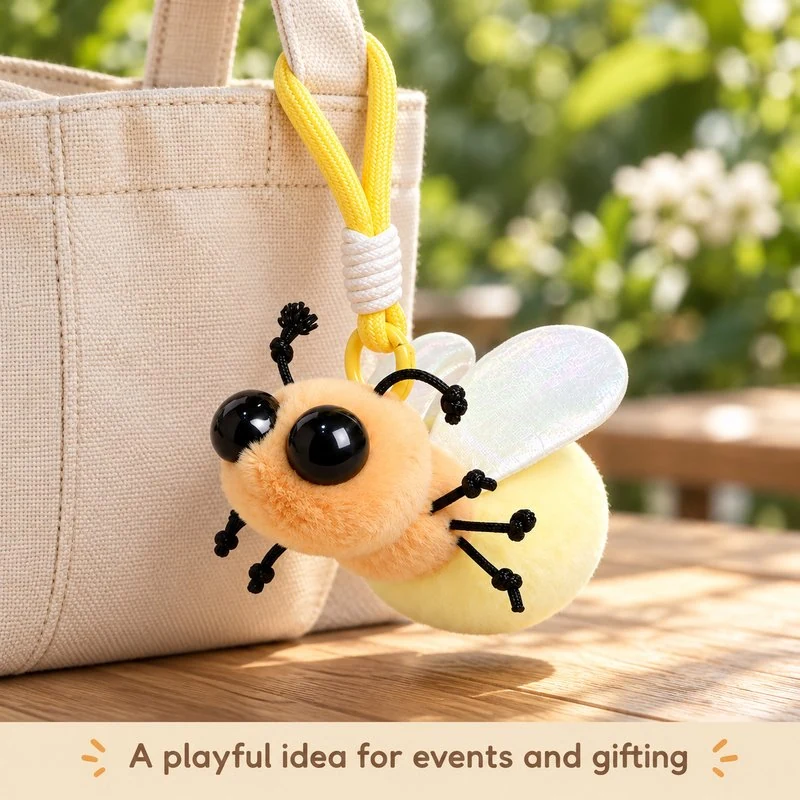 Illustrative application scene featuring yellow firefly plush keychain; setting is a concept.