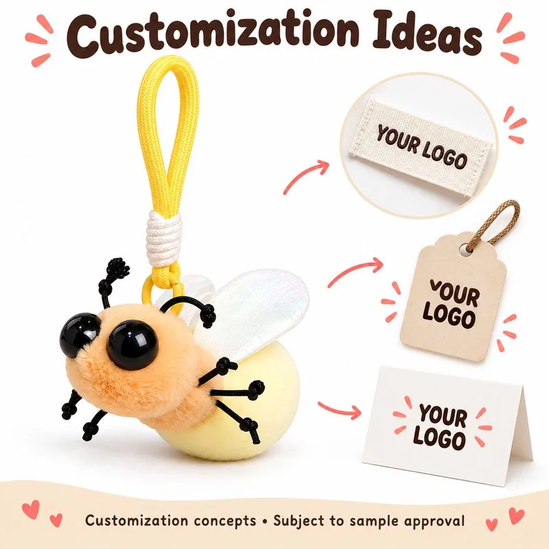 Customization concept for yellow firefly plush keychain; feasibility and sample approval required.