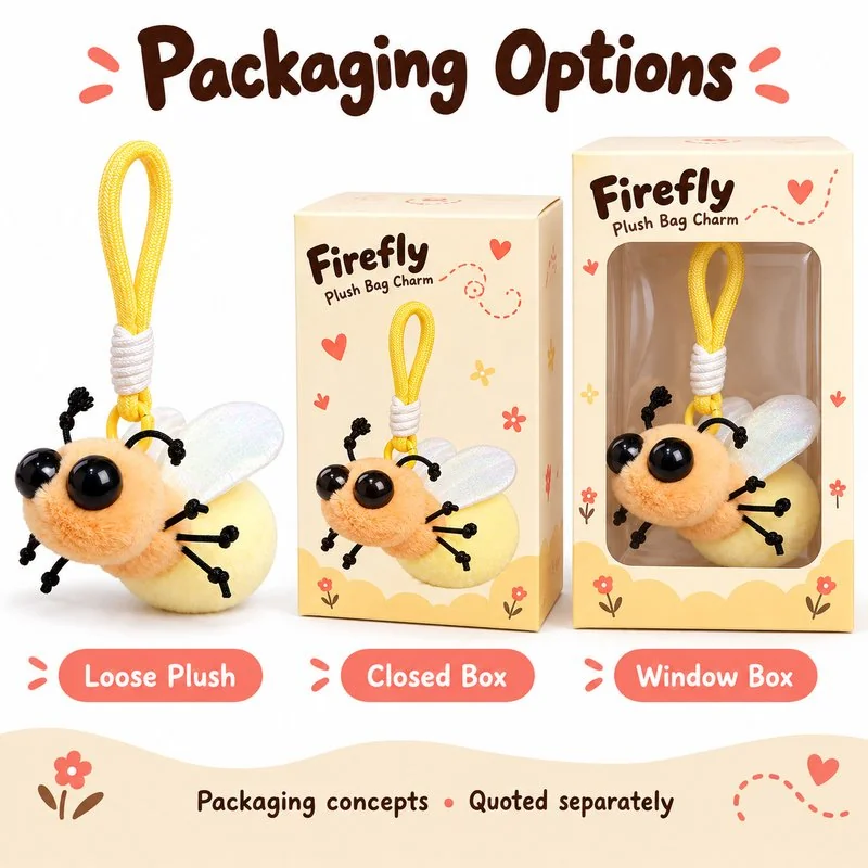 Yellow Firefly Plush Keychain — optional packaging concept; final artwork, fit and quotation require confirmation.