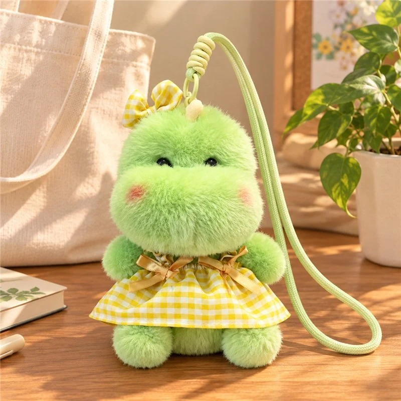 Illustrative application scene featuring yellow gingham dinosaur plush charm; setting is a concept.