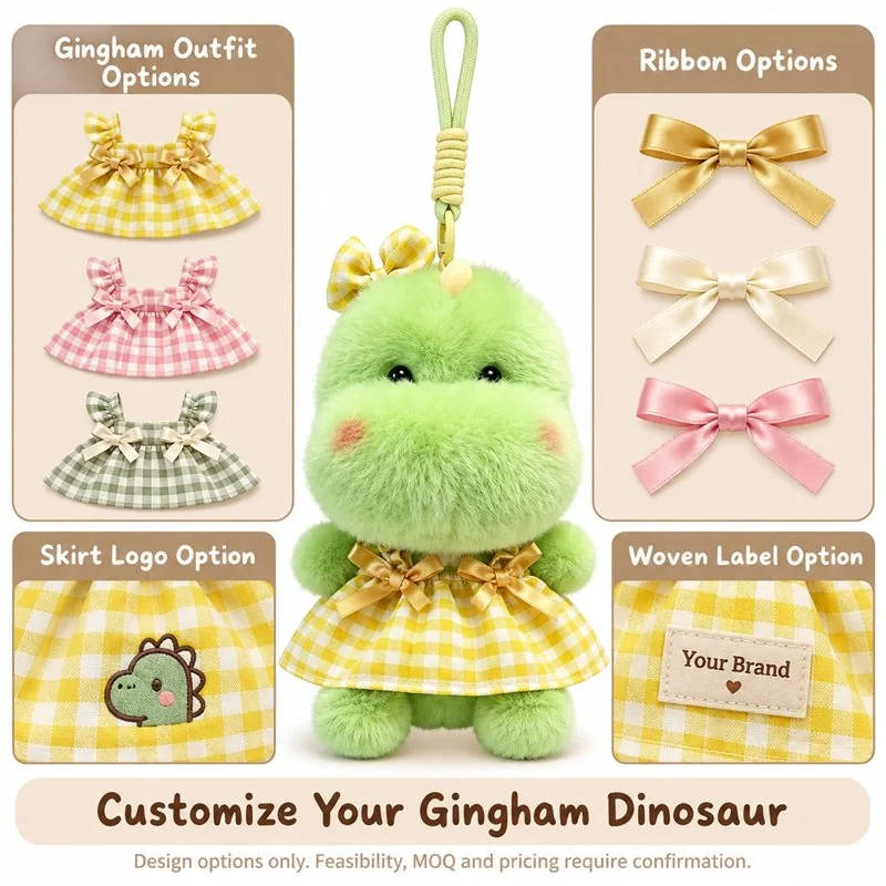 Customization concept for yellow gingham dinosaur plush charm; feasibility and sample approval required.