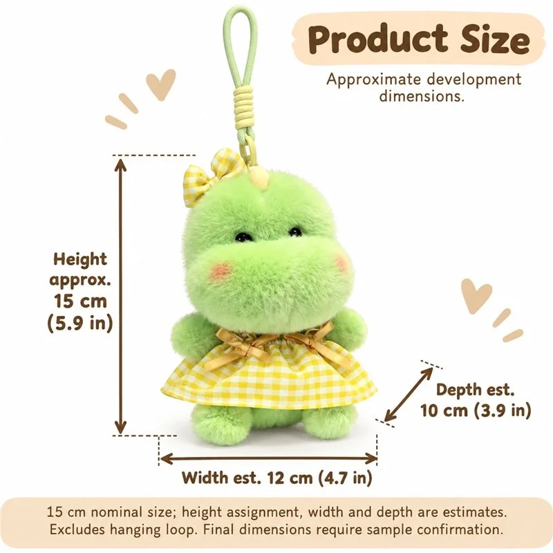 Yellow Gingham Dinosaur Plush Charm — proposed size reference; dimensions require sample confirmation.