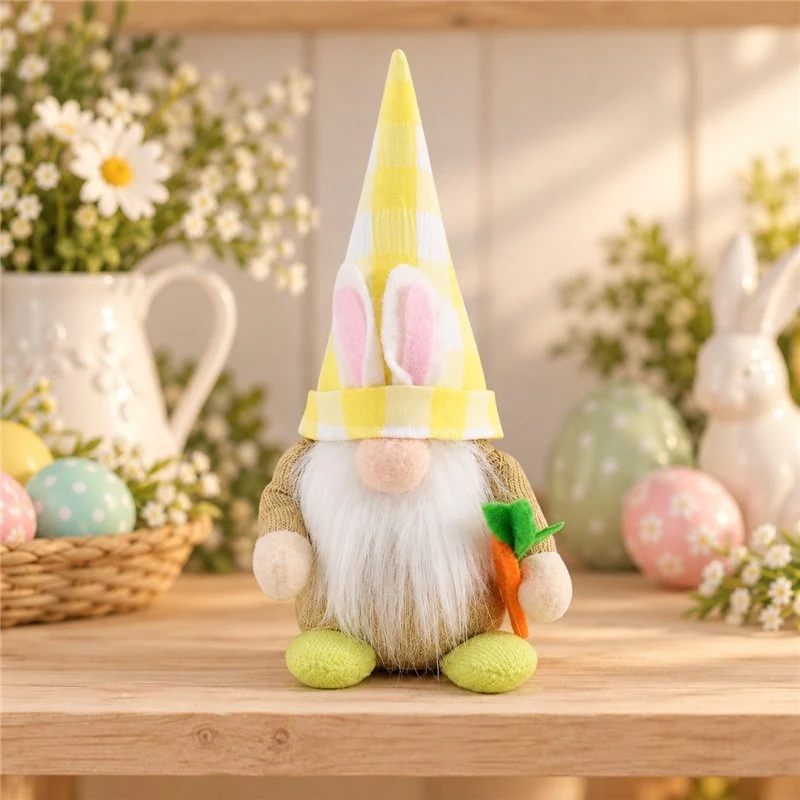 Illustrative application scene featuring yellow gingham easter gnome plush; setting is a concept.