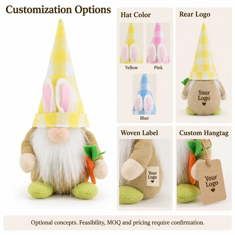 Customization concept for yellow gingham easter gnome plush; feasibility and sample approval required.