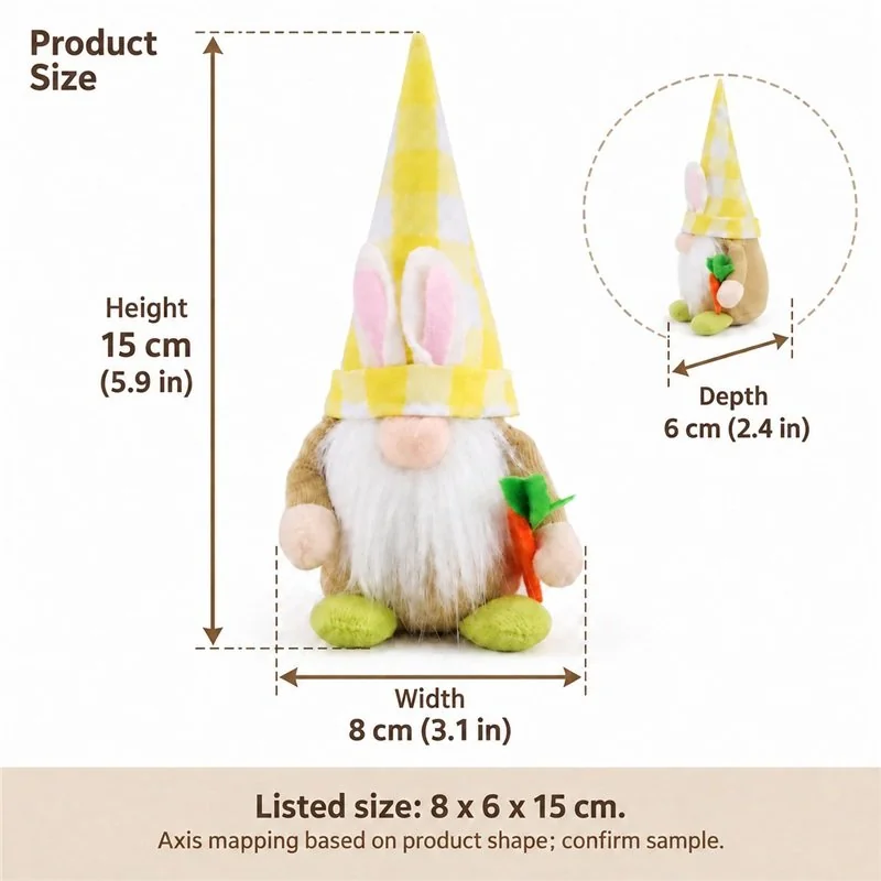 Yellow Gingham Easter Gnome Plush — proposed size reference; dimensions require sample confirmation.