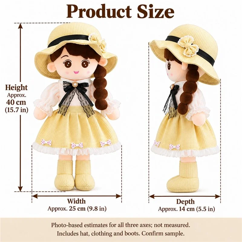 Yellow Hat Princess Cloth Doll — proposed size reference; dimensions require sample confirmation.