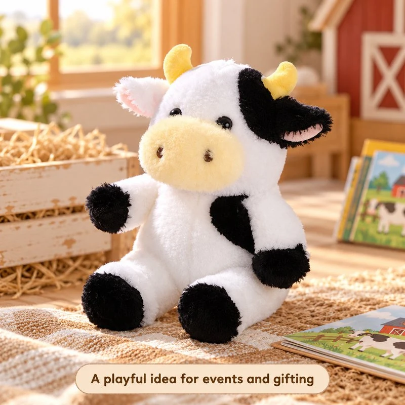 Illustrative application scene featuring yellow horn black white cow plush; setting is a concept.
