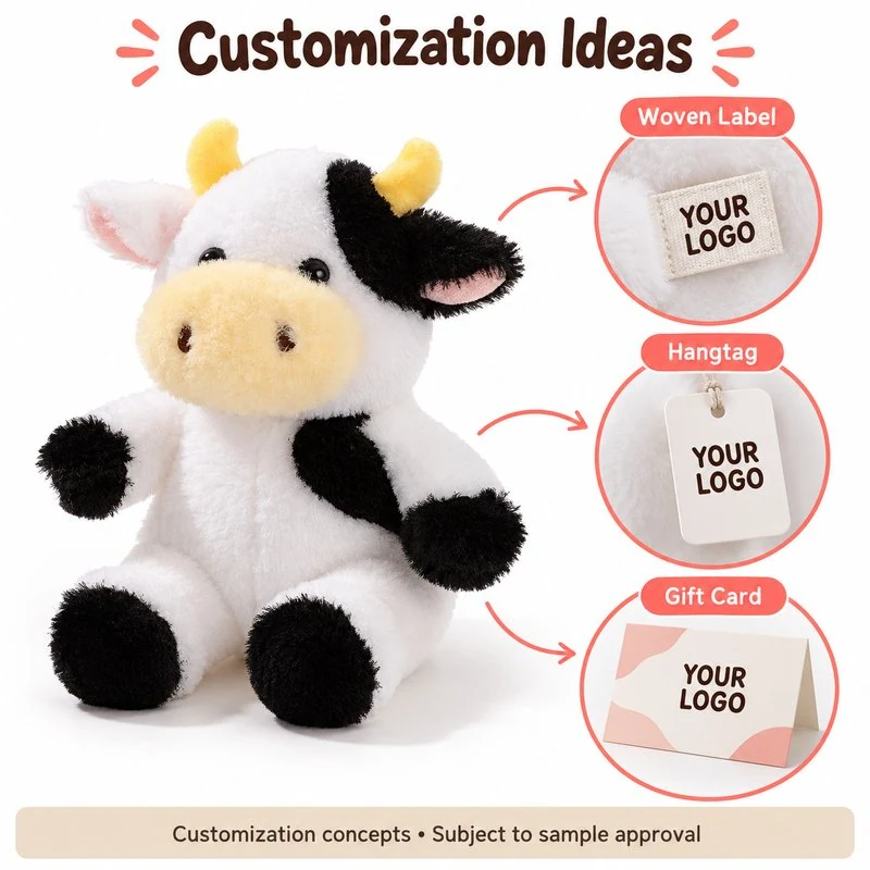 Customization concept for yellow horn black white cow plush; feasibility and sample approval required.