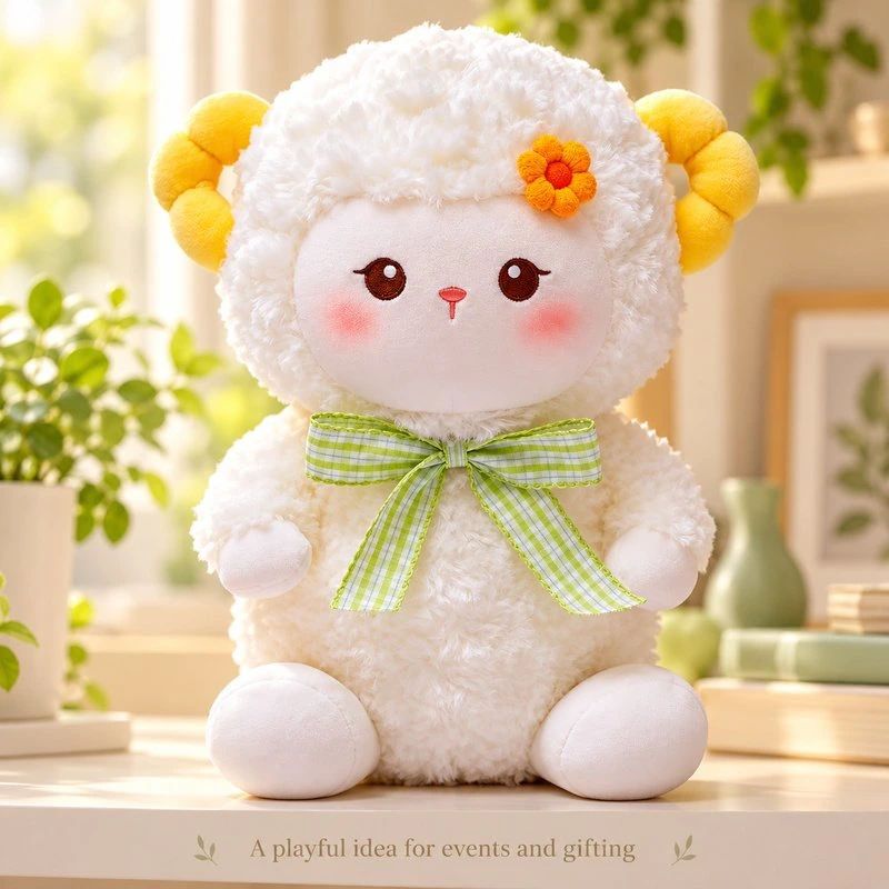 Illustrative application scene featuring yellow horn green bow lamb plush; setting is a concept.