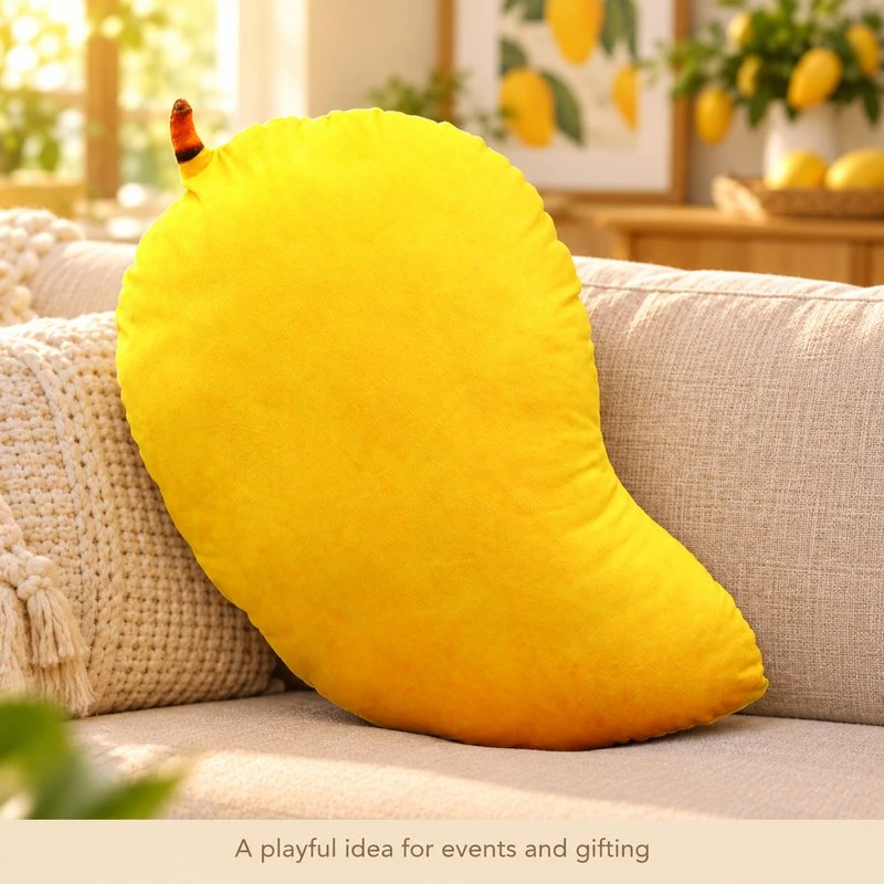 Illustrative application scene featuring yellow mango plush pillow; setting is a concept.