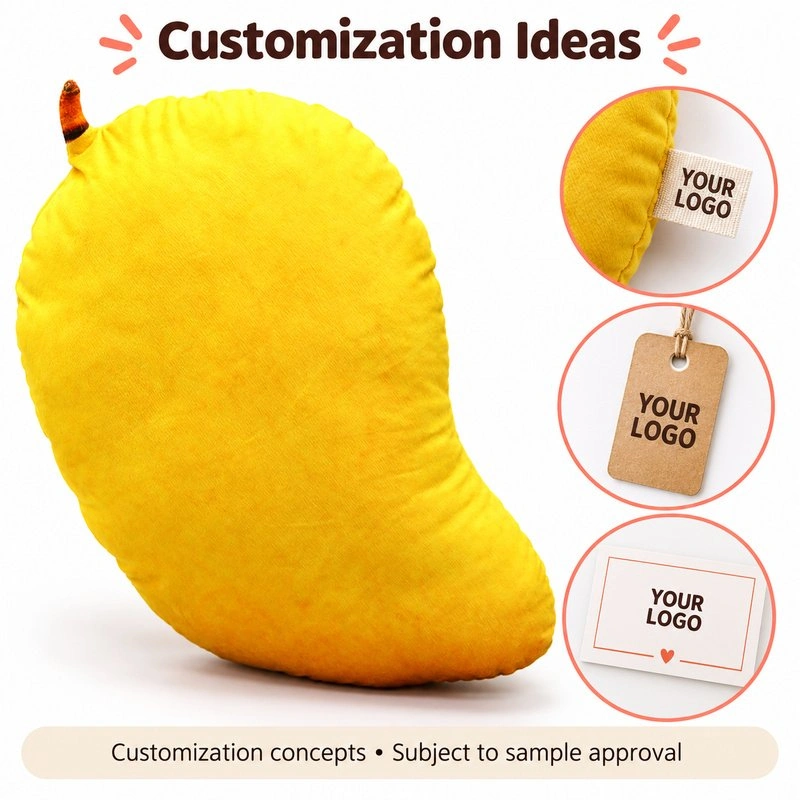 Customization concept for yellow mango plush pillow; feasibility and sample approval required.