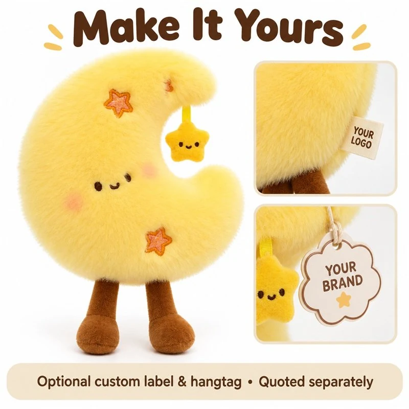 Private-label concept for yellow moon and star plush toy, showing proposed brand label and hangtag options; sample approval required.