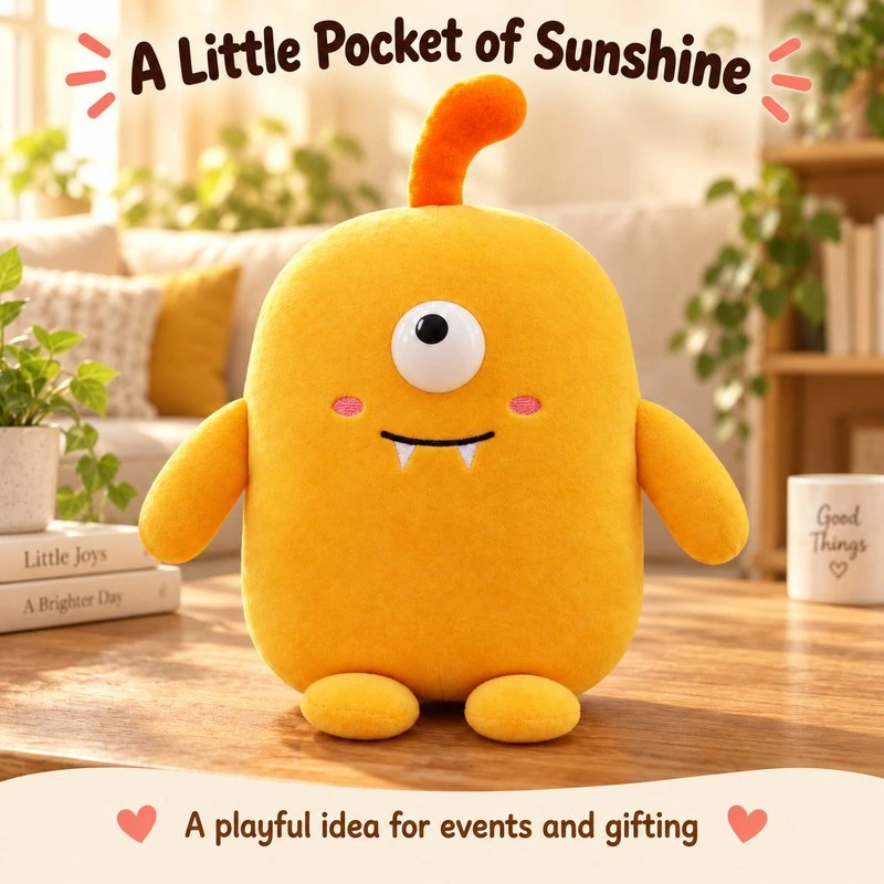 Illustrative application scene featuring tall yellow one eyed monster plush; setting is a concept.