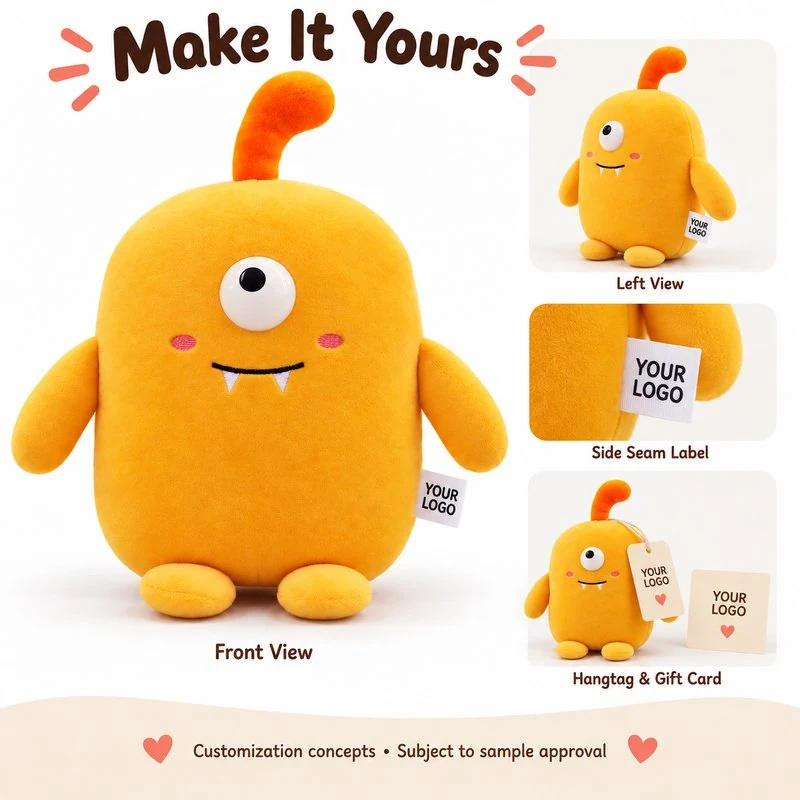 Customization concept for tall yellow one eyed monster plush; feasibility and sample approval required.