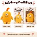 Tall Yellow One Eyed Monster Plush — optional packaging concept; final artwork, fit and quotation require confirmation.