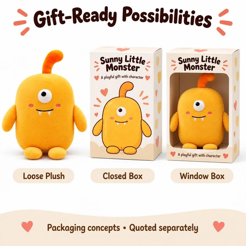 Tall Yellow One Eyed Monster Plush — optional packaging concept; final artwork, fit and quotation require confirmation.