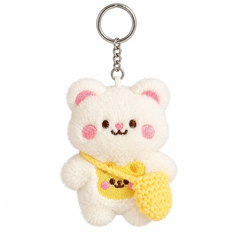 Yellow Pouch White Bear Plush Keychain