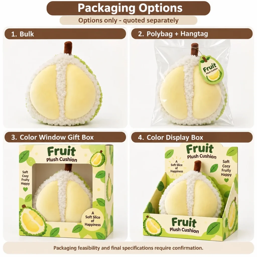 Yellow Segment Fruit Plush Cushion — optional packaging concept; final artwork, fit and quotation require confirmation.