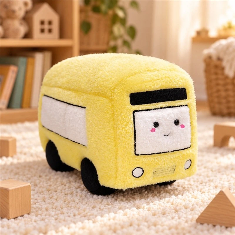 Illustrative application scene featuring yellow smiling bus plush toy; setting is a concept.