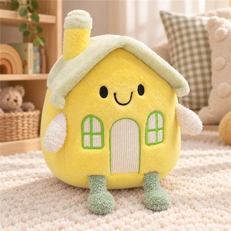 Illustrative application scene featuring yellow smiling house plush toy; setting is a concept.