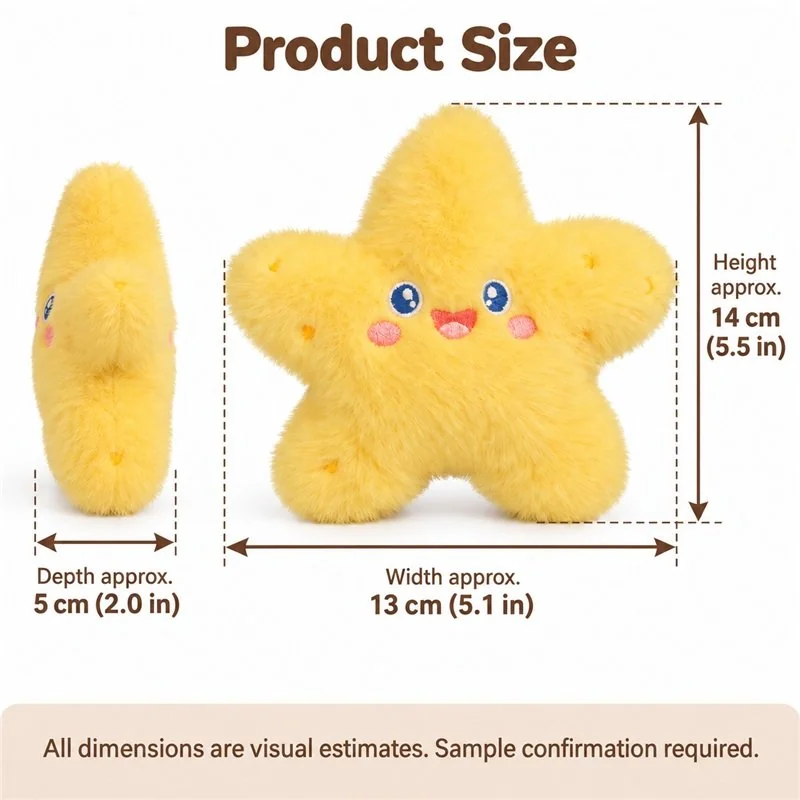 Yellow Smiling Starfish Plush — proposed size reference; dimensions require sample confirmation.