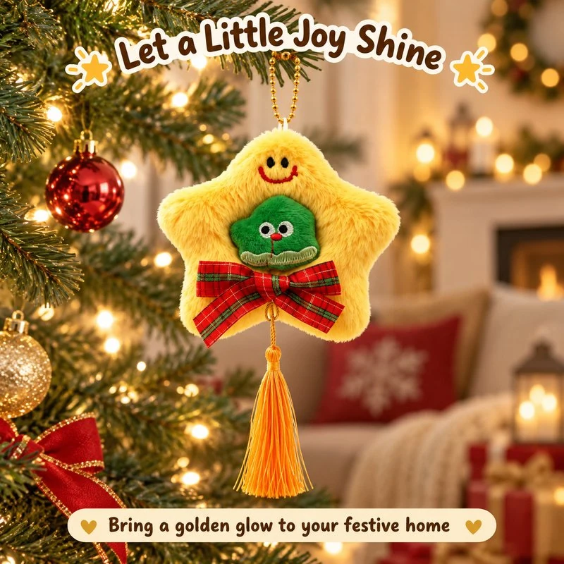 Illustrative application scene featuring yellow star christmas plush ornament; setting is a concept.