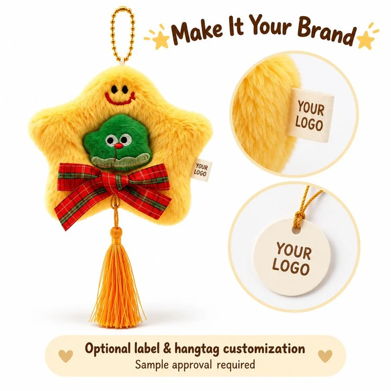 Private-label concept for yellow star christmas plush ornament, showing proposed brand label and hangtag options; sample approval required.