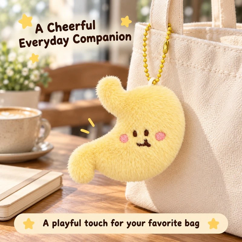 Illustrative application scene featuring yellow stomach plush keychain; setting is a concept.