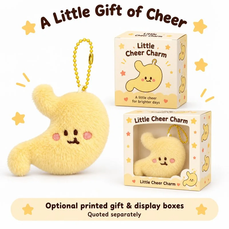 Yellow Stomach Plush Keychain — optional packaging concept; final artwork, fit and quotation require confirmation.