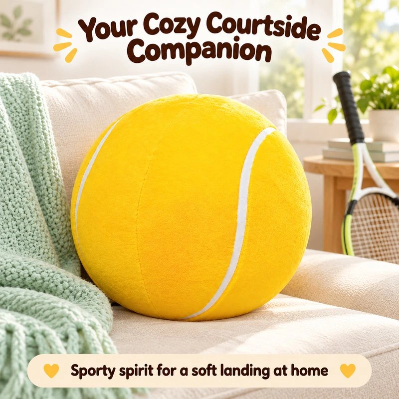 Illustrative application scene featuring yellow tennis ball plush cushion; setting is a concept.