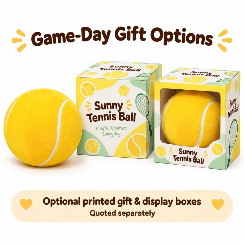 Yellow Tennis Ball Plush Cushion — optional packaging concept; final artwork, fit and quotation require confirmation.