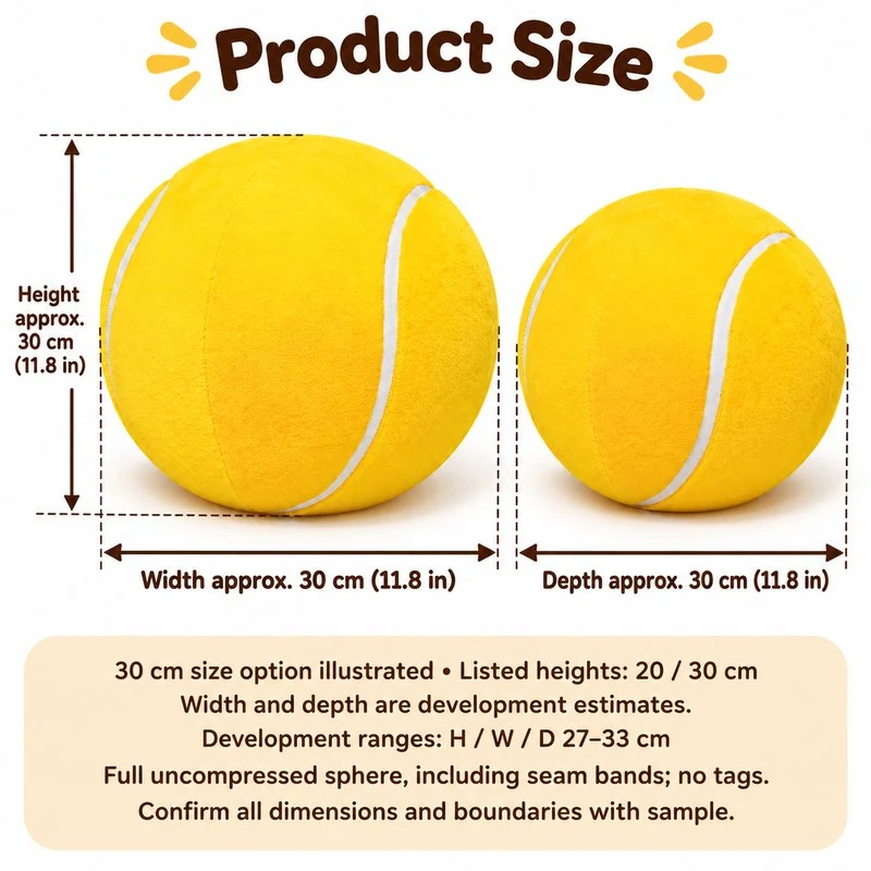 Yellow Tennis Ball Plush Cushion — proposed size reference; dimensions require sample confirmation.