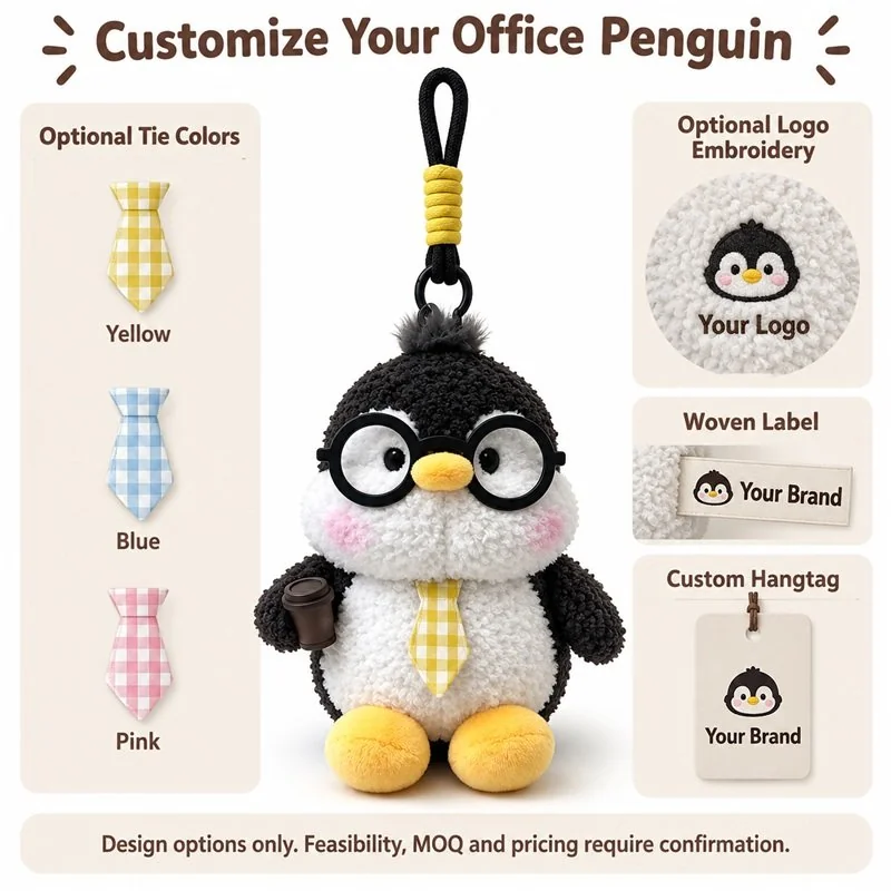 Customization concept for yellow tie office penguin plush charm; feasibility and sample approval required.