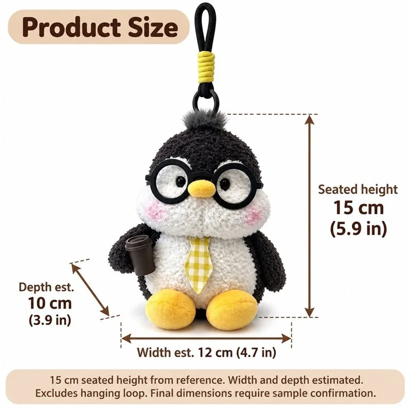 Yellow Tie Office Penguin Plush Charm — proposed size reference; dimensions require sample confirmation.