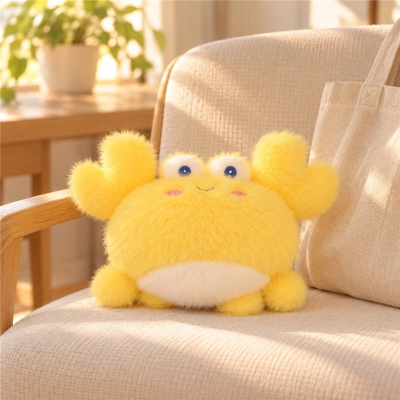 Illustrative application scene featuring yellow white belly crab plush; setting is a concept.