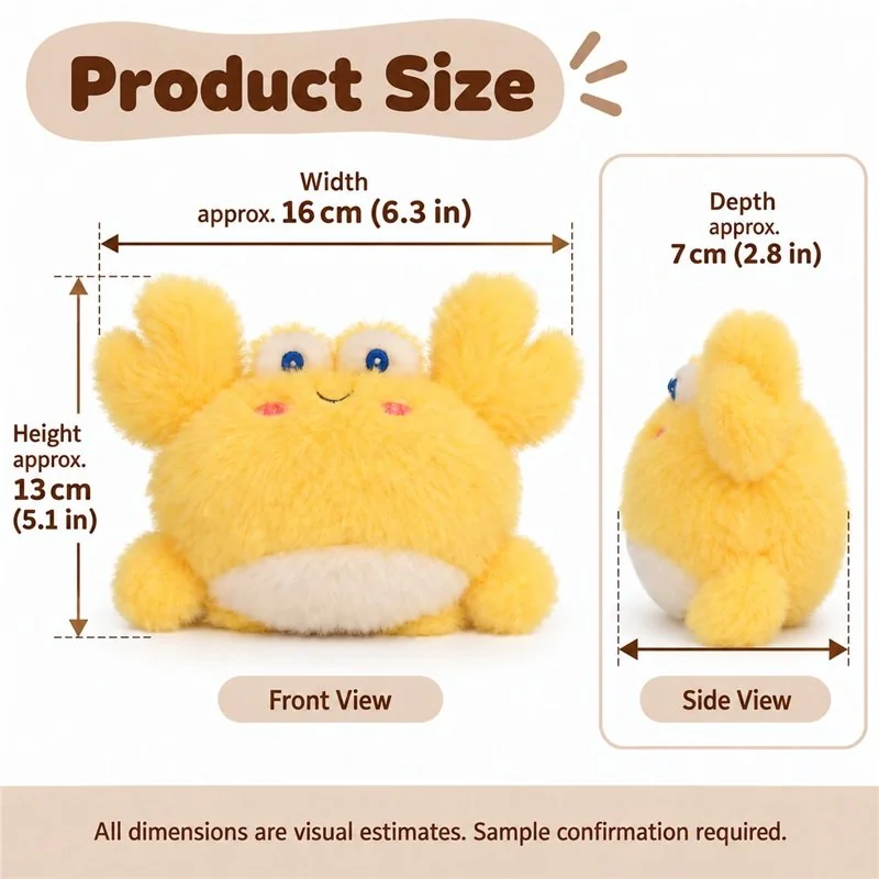 Yellow White Belly Crab Plush — proposed size reference; dimensions require sample confirmation.