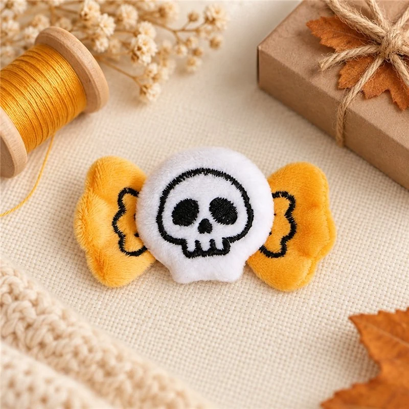 Illustrative application scene featuring yellow bow skull textile applique; setting is a concept.